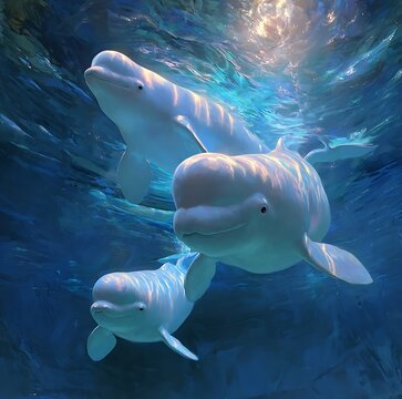 Discover the playful beauty of three beluga whales swimming together in crystal blue ocean waters