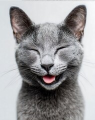 Adorable Russian Blue cat grinning with its tongue out is irresistibly cute and endearing