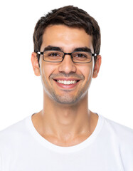 Fototapeta premium Smiling Young Man with Glasses in White Tshirt Looking at Camera.
