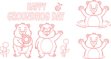 Red Outline Groundhog Day Art Featuring Groundhogs, Flowers, Ladybug and Message on a White Background