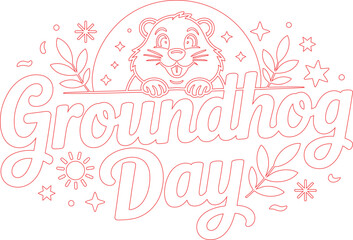 Obraz premium Red Outline Groundhog Day with Groundhog, Sun, Stars, and Floral Decorations