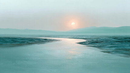 Fototapeta premium Soft Glowing Landscape with Frozen Water Body and Gentle Horizon Under Light Misty Atmosphere at Sunrise or Sunset in Serene Nature