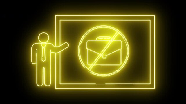 Glowing yellow neon sign showing a person presenting a no briefcase symbol on a board
