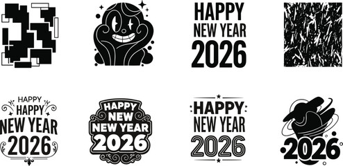 Happy New Year 2026 icons, abstract logo set, black outline graphics, cartoon symbol, ornamental branding, futuristic badge, festive design