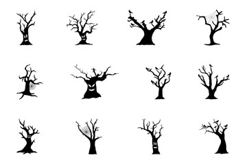 Trees spooky icon set on white background. Symbol of tree, Halloween, crow, spiderweb. Set vector line icons of tree