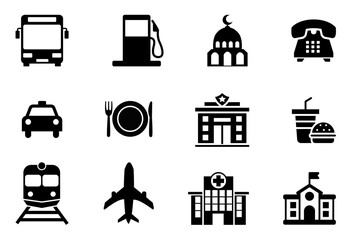 Map symbols icon set on white background. Symbol of station, airport, restaurant, mosque, police station, hospital, public facility. Map symbol silhouette. Set vector filled black icons of map symbol