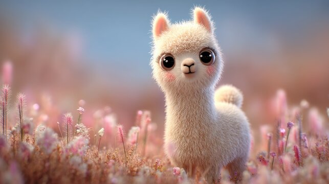 A cute, fluffy white llama standing in a field of pink flowers, with a blue sky in the background.