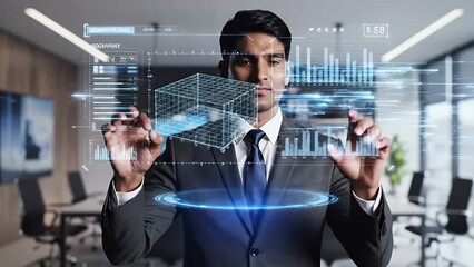 A businessman in a modern office analyzes a futuristic holographic user interface with a 3D architectural model and financial data - Powered by Adobe