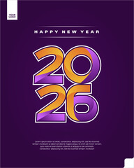 Happy New Year 2026 Gradient Poster Design with Vibrant Purple and Orange Typography on Dark Background