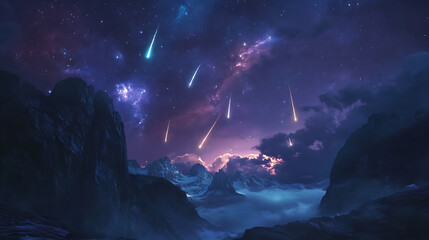 Dramatic night sky with falling meteors above mountain range