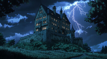 Dramatic night scene with illuminated historic building and lightning