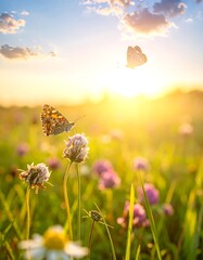Two butterflies flit over a sun-drenched wildflower meadow