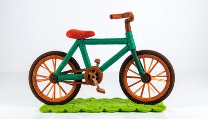 A charming handmade bicycle crafted from yarn sits on a patch of green grass.
