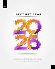 Happy New Year 2026 Gradient Poster Design with Vibrant Purple and Orange Typography on White Background