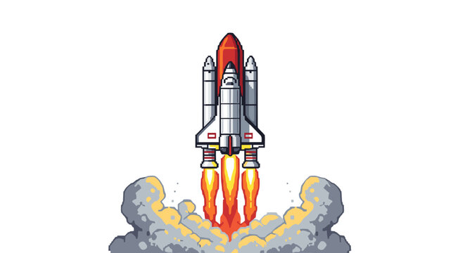 Retro Pixel Art Spaceship Launching From Earth Blast Off Adventure cartoon style illustration isolated on transparent background