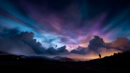 Fototapeta premium A lone figure stands on a hill silhouetted against a dramatic night sky filled with colorful light trails and stars