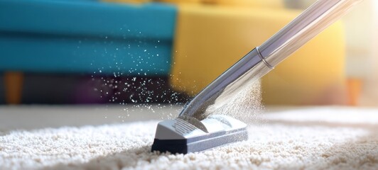 The vacuum cleaner head lifting dust from a plush carpet in sunlit living room