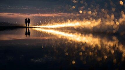 Silhouetted couple walking on shore at sunset with golden light reflecting on water