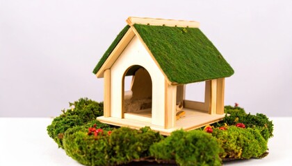 A charming miniature wooden house sits nestled in a bed of vibrant green moss.