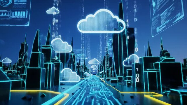 A wide, smooth, slow dolly video glides over a hyper-detailed futuristic digital cityscape with glowing neon teal and electric yellow structures, data lines, and icons, high-tech Tron concept.