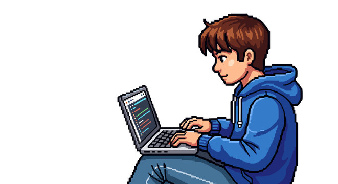 Young boy programmer coding on laptop cartoon style illustration isolated on white background