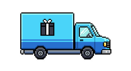 Pixel Art Blue Delivery Truck with Gift Box on Side Isolated on White Background