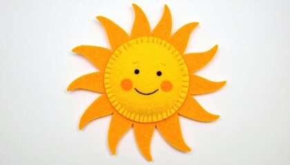 A cheerful sun with a smiling face radiates warmth and happiness on white.