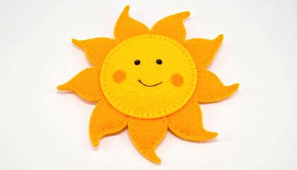 A cheerful yellow sun design with a smiling face and bright orange rays.