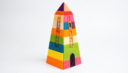 A colorful pyramid-shaped object stands against a , a whimsical design.