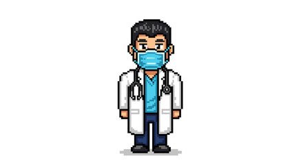 Pixel Art Doctor Wearing Face Mask and Stethoscope Isolated on White Background Health Care Professional Cartoon Style Illustration
