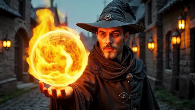A mysterious black magician performs magic with a fireball on the street of a medieval town