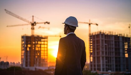 A construction worker in a hard hat oversees a building project at sunset.