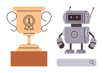 Robot standing next to a trophy and a search bar, combining innovation, success, AI, and discovery. Ideal for progress, competition, education, research futuristic tech leadership and exploration
