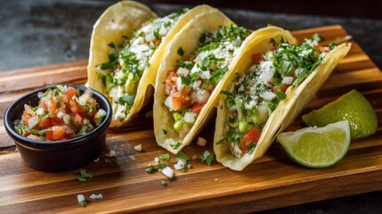 Three fresh tacos with toppings on a wooden cutting board, garnished with lime wedges and a small bowl of salsa.