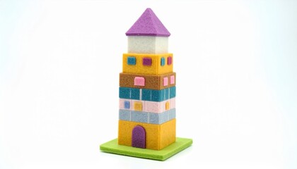 A colorful toy tower made of stacked blocks sits on a green base plate.