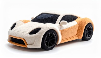 A plush toy car with a sporty design sits on a .