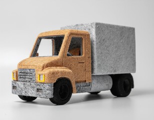 A toy truck with a gray cargo box sits on a white , ready to play.