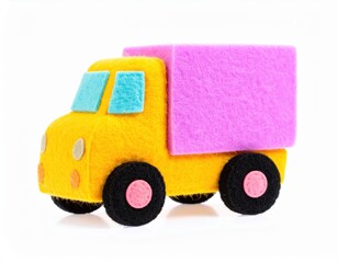 A toy truck with a yellow cab and a pink cargo box sits on a white .