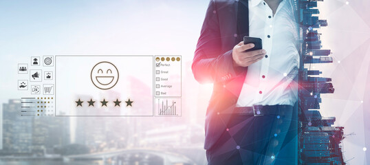 Customer feedback and satisfaction rating system showing star review, happy face, performance...