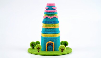 A whimsical tower made of colorful stacked discs sits on a green landscape.