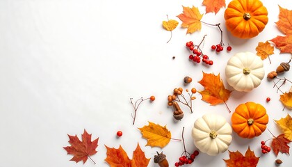 Autumnal Arrangement - Pumpkins, Leaves, and Berries on White Background.