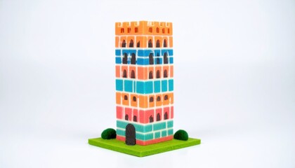 Colorful toy building stands tall on a green base, a whimsical architectural creation.