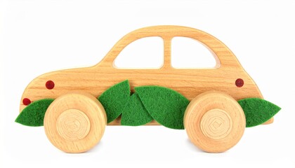 Wooden toy car with green felt leaves and red dots, on .