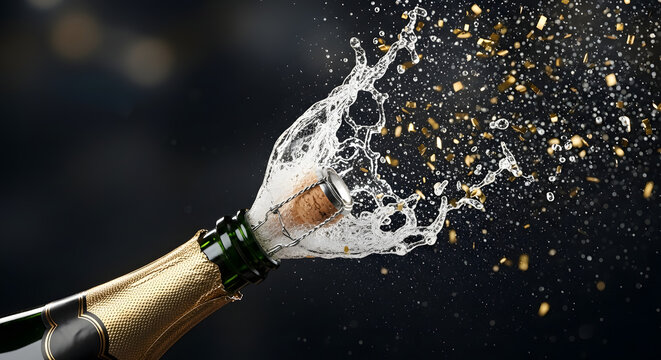 A classic green and gold champagne bottle is dramatically uncorked, showing the cork flying through the air and a magnificent splash of sparkling wine or prosecco