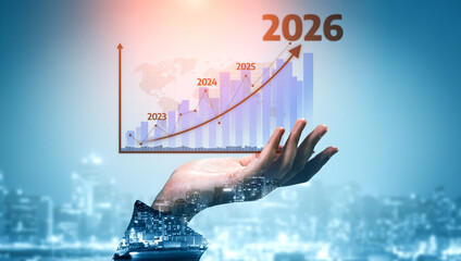 A conceptual image showing a hand supporting a rising financial graph with projected growth from...
