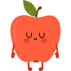 Cute red apple character with closed eyes and smiling face standing on its legs with tiny arms and green leaf on top isolated on white background