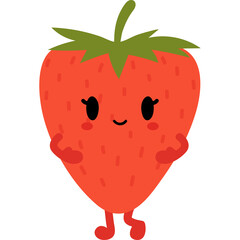 Cute Red Strawberry Character With Green Leaves And Black Eyes Standing On Red Legs And Arms Raised In A Playful Pose With A Happy Face And Pink Cheeks And A Transparent Background