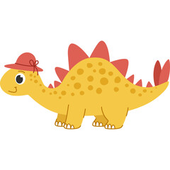Cute Yellow Stegosaurus Dinosaur Wearing a Red Hat with a Bow on its Head Standing Profile View on a Transparent Background
