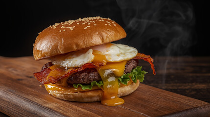 hamburger on a wooden background Golden Yolk Burger