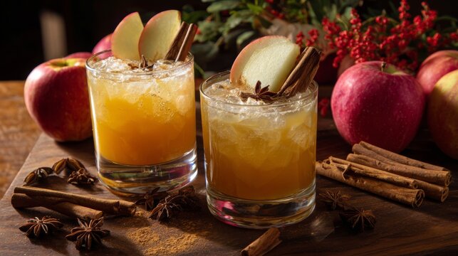 Refreshing apple cider cocktails with cinnamon and autumn decorations at a cozy gathering